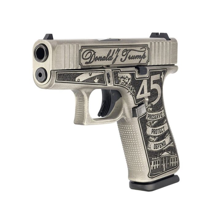 Glock 43X Custom Engraved Trump 2024 Crushed Silver & Distressed Black 9mm